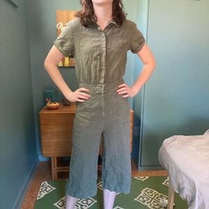 7 for all Mankind olive linen cropped jumpsuit size S